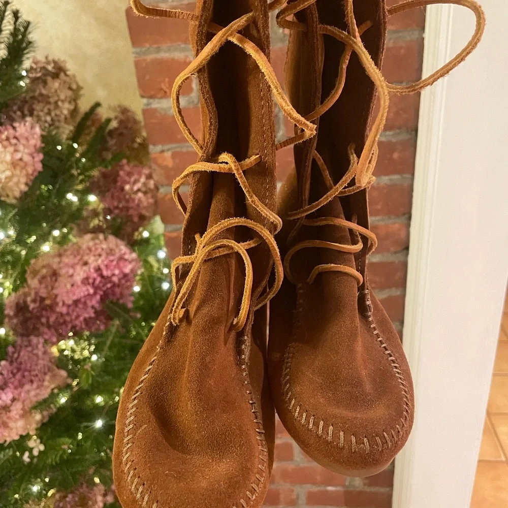 Minnetonka Tan Lace-Up Fringe Boots - Picture 2 of 5